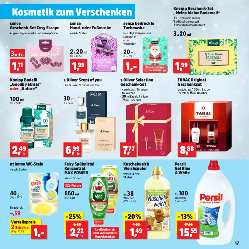 Aktueller Prospekt Thomas Philipps - von 25.11 bis 30.11.2024 - strona 17 - produkty: Bad, Blüte, Cap, deo, Deostick, duschgel, Eau de parfum, eau de toilette, eis, fairy, flasche, geschenkset, gin, kneipp, kosmetik, kuchen, Kuschelweich, Lebkuchen, leine, mandel, Maske, natur, olive, parfum, persil, pflaster, reis, s.oliver, spülmittel, Ti, tuc, tuchmaske, vanille, vorteilspreis, weichspüler, Yo