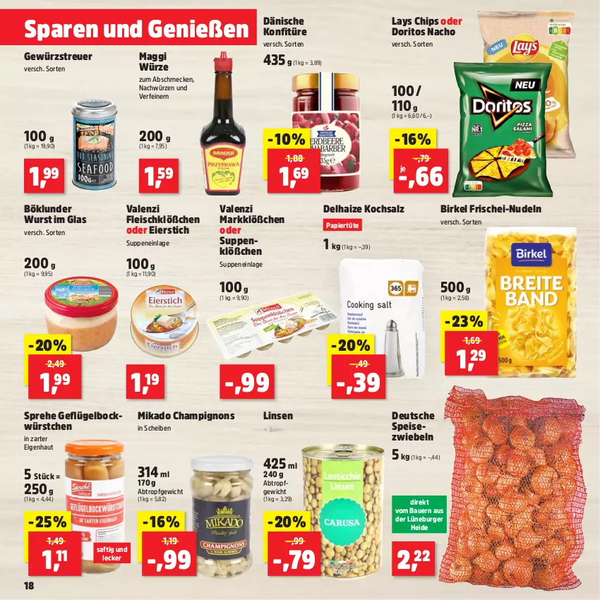 Aktueller Prospekt Thomas Philipps - von 25.11 bis 30.11.2024 - strona 18 - produkty: auer, Bau, Bauer, birkel, böklunder, burger, champignon, champignons, chips, Doritos, eier, eis, fleisch, frischei-nudeln, Geflügel, gewürz, konfitüre, lays, linsen, maggi, maggi würze, mikado, nacho, nudel, nudeln, papier, Papiertüte, saft, salz, Speisezwiebeln, suppe, suppen, Ti, Tüte, wurst, würstchen, zwiebel, zwiebeln