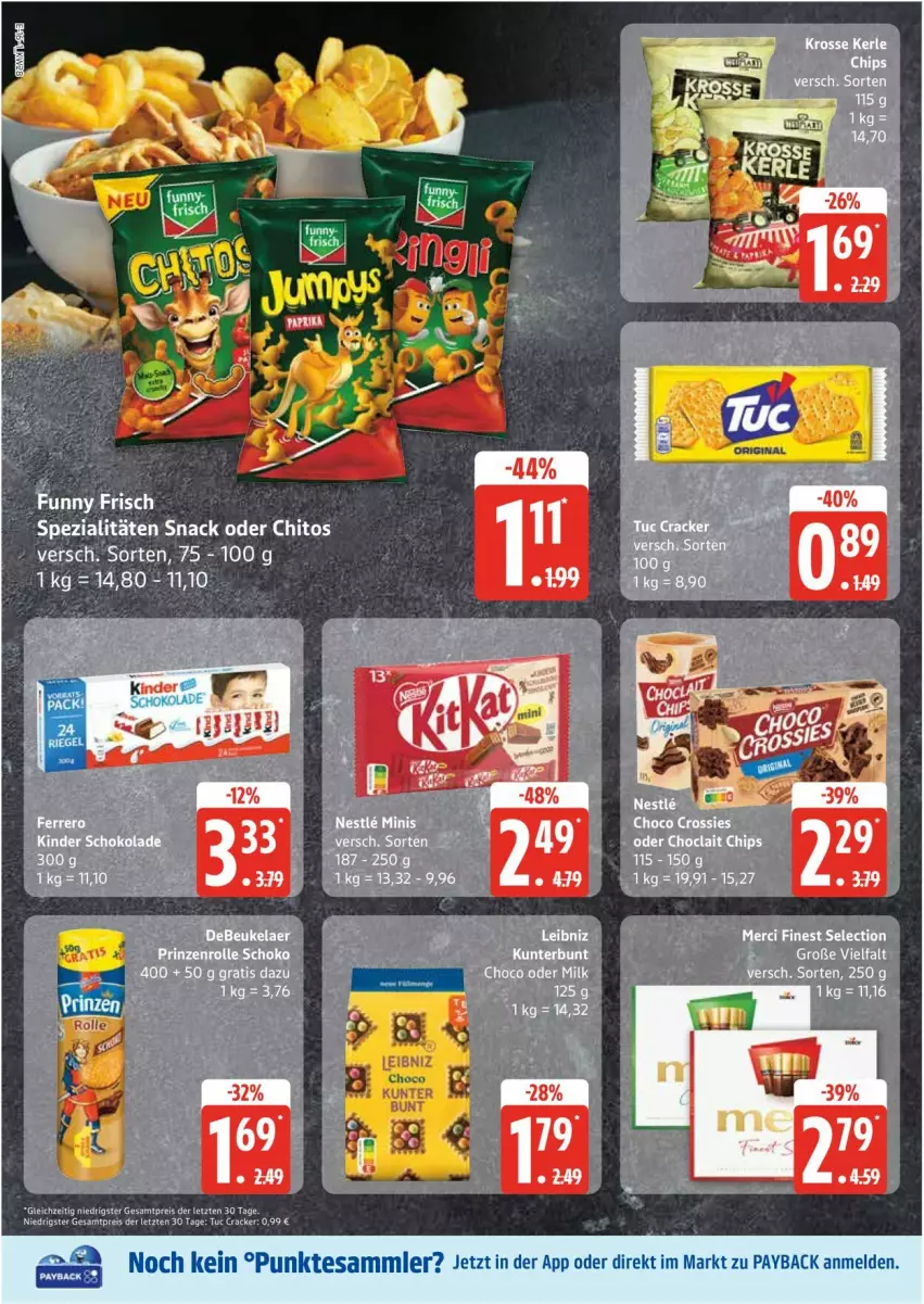 Aktueller Prospekt Edeka - Prospekte - von 07.07 bis 12.07.2025 - strona 16 - produkty: chips, choclait chips, cracker, eis, elle, leibniz, merci, payback, reis, snack, Spezi, tesa, Ti, tuc, ZTE