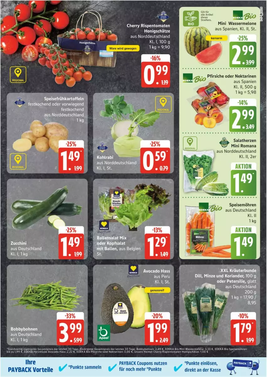 Aktueller Prospekt Edeka - Prospekte - von 07.07 bis 12.07.2025 - strona 5 - produkty: avocado, bier, bio, bohne, bohnen, coupon, coupons, deka, edeka bio, eier, eis, ente, honig, kohlrabi, Koriander, melone, minze, möhren, Nektar, nektarinen, nuss, payback, petersilie, pfirsich, pfirsiche, pfirsiche oder, reis, Ria, speisemöhren, tee, Ti, wasser, wassermelone, ZTE, zucchini