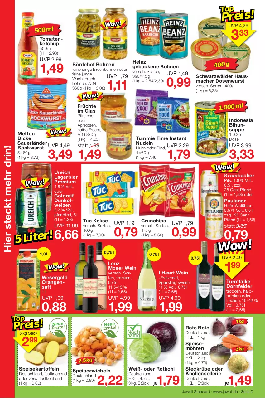 Aktueller Prospekt Jawoll - Prospekte - von 04.12 bis 10.12.2022 - strona 10 - produkty: aprikose, aprikosen, auer, bier, bockwurst, bohne, bohnen, chips, crunchips, Dicke Sauerländer Bockwurst, dornfelder, Dosenwurst, eis, elle, freixenet, frucht, früchte, geback, Hausmacher, Hefe, heinz, kartoffel, kartoffeln, keks, kekse, ketchup, krombache, krombacher, krombacher pils, Lagerbier, Lenz Moser, mac, Mett, metten, möhren, moser, nudel, nudeln, orange, orangen, orangensaft, Paula, paulaner, pfirsich, pfirsiche, pfirsiche oder, pils, rind, rote bete, rotkohl, sac, saft, speisekartoffeln, speisemöhren, Speisezwiebeln, suppe, Ti, tomate, tomaten, tomatenketchup, tuc, wein, wurst, zwiebel, zwiebeln