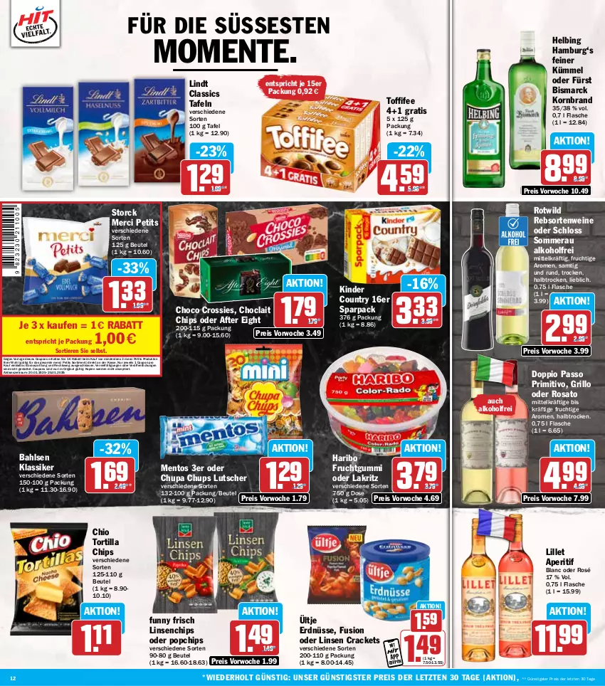 Aktueller Prospekt Hit - Wochenprospekt - von 20.01 bis 25.01.2025 - strona 12 - produkty: after eight, alkohol, aperitif, bahlsen, beutel, bismarck, chips, choclait chips, choco crossies, chupa, chupa chups, coupon, coupons, crossies, doppio passo, eis, ente, erde, erdnüsse, flasche, frucht, fruchtgummi, Funny Frisch, gin, grill, grillo, haribo, Kinder, kinder country, korn, Lakritz, lillet, lindt, linsen, Lutscher, mentos, merci, oder lakritz, passo, primitivo, rebsortenweine, reis, rosato, storck, Ti, Tiere, toffifee, tortilla, Tortilla Chips, ültje, ültje erdnüsse, wein, weine, Wild, ZTE