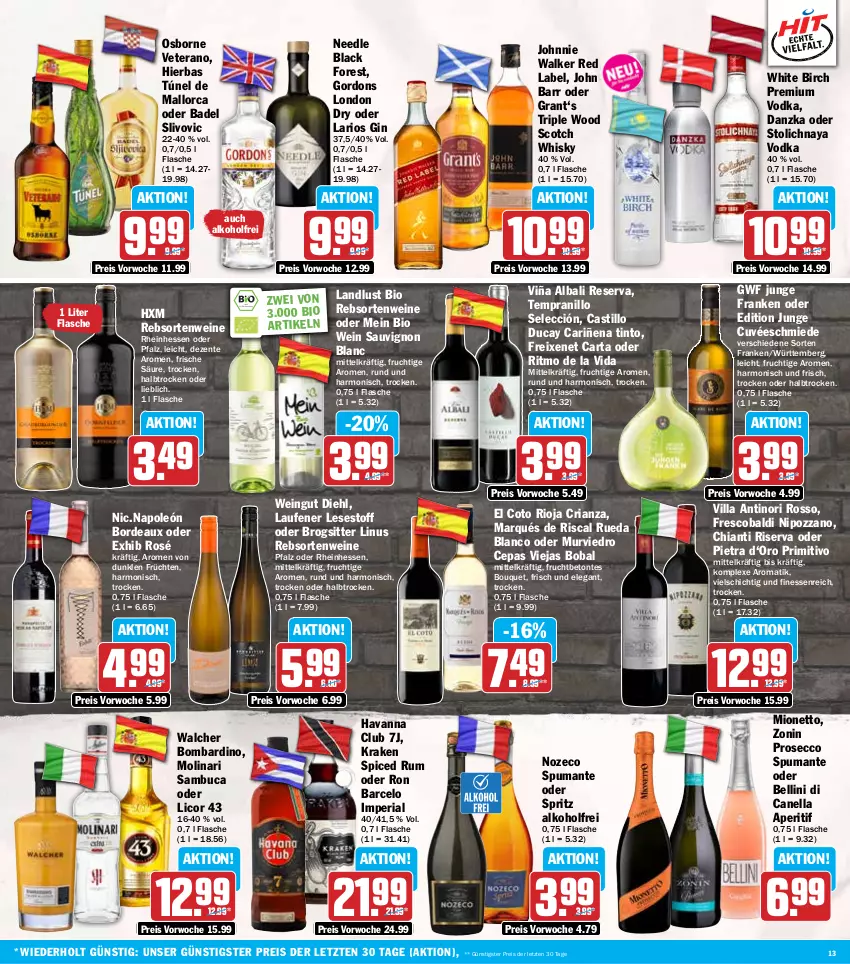 Aktueller Prospekt Hit - Wochenprospekt - von 20.01 bis 25.01.2025 - strona 13 - produkty: aldi, alkohol, aperitif, asti, Bad, bio, black forest, chia, chianti, cuvée, ecco, eis, ente, finesse, flasche, freixenet, frucht, früchte, früchten, gin, gordon, gordons, Grant‘s, John Barr, johnnie walker, lack, Laufen, licor, licor 43, london dry, mionetto, Molinari, osborne, premium vodka, primitivo, prosecco, puma, rebsortenweine, reis, Ria, rioja, riserva, rum, sambuca, sauvignon, sauvignon blanc, scotch, scotch whisky, spumante, tempranillo, Ti, veterano, vodka, wein, weine, whisky, zonin, ZTE