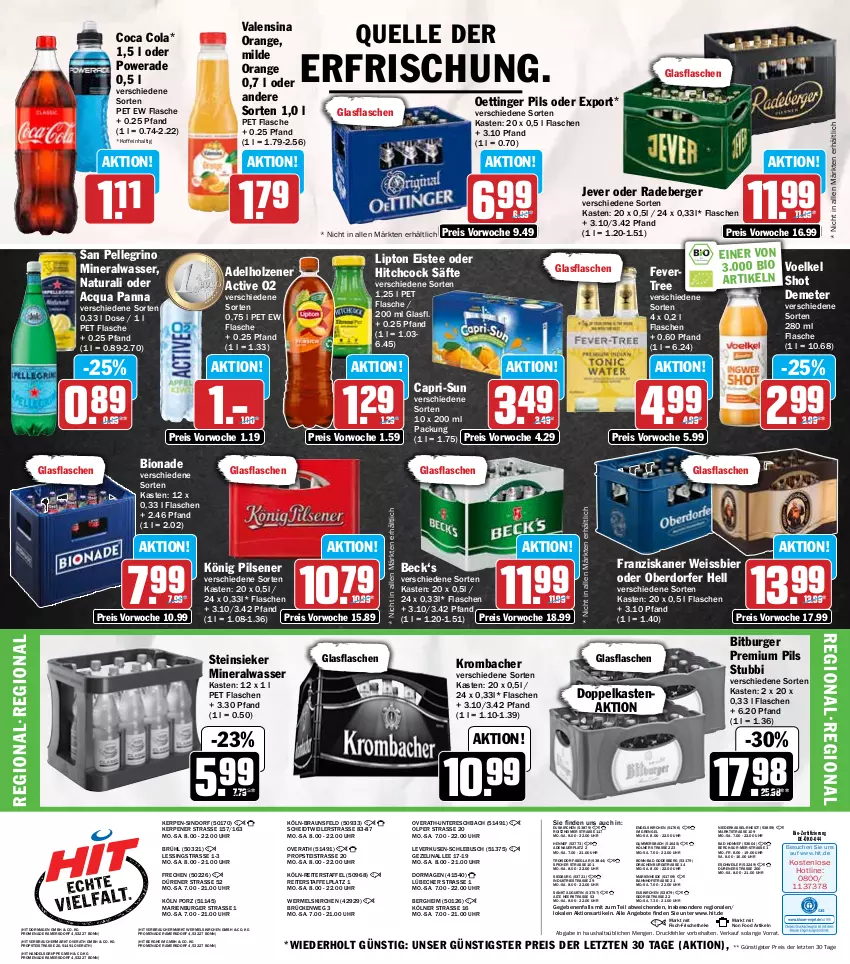 Aktueller Prospekt Hit - Wochenprospekt - von 20.01 bis 25.01.2025 - strona 19 - produkty: adelholzener, Alwa, angebot, angebote, auer, Bad, Berger, bier, bio, bionade, bitburger, braun, burger, Cap, capri-sun, cola, eimer, eis, eistee, elle, Engel, fisch, flasche, franziskaner, glasflasche, Holz, jever, könig pilsener, krombache, krombacher, lipton, Lübecker, mineralwasser, natur, natura, oettinger, orange, pils, pilsener, premium pils, radeberger, Rauch, reis, säfte, san pellegrino, Steinsieker, tee, Ti, uhr, valensina, wasser, weissbier, ZTE