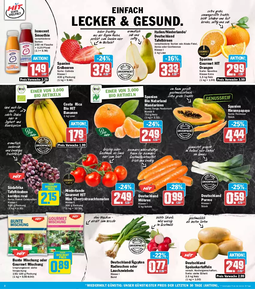 Aktueller Prospekt Hit - Wochenprospekt - von 20.01 bis 25.01.2025 - strona 2 - produkty: auer, banane, bananen, Bau, beere, beeren, bio, bio hit, Birnen, discount, eintopf, eis, erdbeere, erdbeeren, flasche, fleisch, frucht, früchte, fruchtfleisch, Innocent, joghur, joghurt, kartoffel, kartoffeln, Lauchzwiebel, lauchzwiebeln, mac, mandarine, mandarinen, möhren, natur, naturland, navelina, nuss, obst, orange, orangen, Papaya, quark, radieschen, Rauch, reis, saft, salat, salate, Schal, Schale, shake, smoothie, snack, speisekartoffeln, strauchtomaten, tafelbirnen, tafeltrauben, Ti, tisch, tomate, tomaten, topf, trauben, ZTE, zucker, zwiebel, zwiebeln