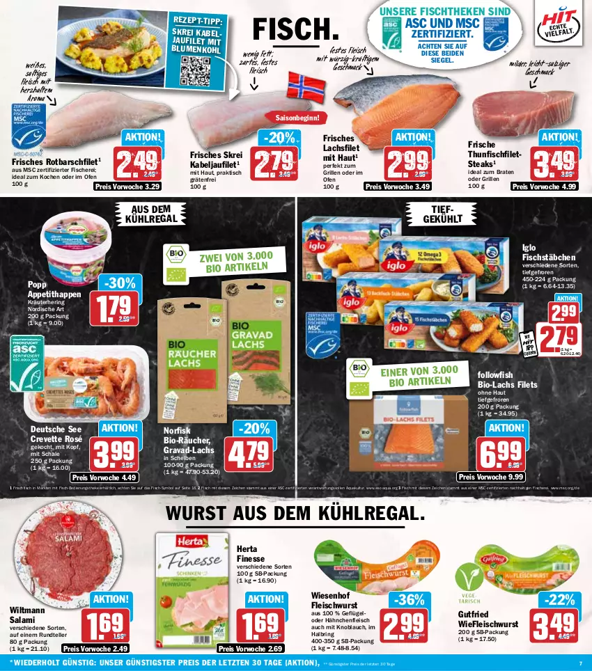 Aktueller Prospekt Hit - Wochenprospekt - von 20.01 bis 25.01.2025 - strona 7 - produkty: aqua, aus dem kühlregal, bio, blume, blumen, blumenkohl, braten, coupon, eis, elle, filet, filets, finesse, fisch, fische, Fischer, fischstäbchen, fischtheke, fleisch, fleischwurst, followfish, frischfisch, Geflügel, gin, grill, gutfried, Hähnchenfleisch, hering, herta, herta finesse, ideal zum braten, iglo, kabeljaufilet, knoblauch, kräuter, kühlregal, lachs, lachsfilet, mac, mit knoblauch, Ofen, Popp, regal, reis, ring, Rotbarsch, rotbarschfilet, saft, salami, salz, Schal, Schale, Schere, steak, steaks, teller, thunfisch, Ti, tisch, wiesenhof, wiltmann, wurst, ZTE