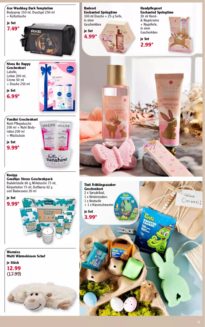 Aktueller Prospekt Globus - Prospekte - von 04.04 bis 16.04.2022 - strona 15 - produkty: axe, Bad, Badekristalle, body, bodylotion, bodyspray, creme, Duftkerze, dusche, duschgel, Geschenkbox, geschenkset, kerze, kissen, kneipp, Körperlotion, Labello, Lotion, müsli, Müslischale, Nagelfeile, nivea, pflegedusche, ring, Schal, Schale, schwamm, Seife, Sprudel, Sprudelbad, Tasche, Ti