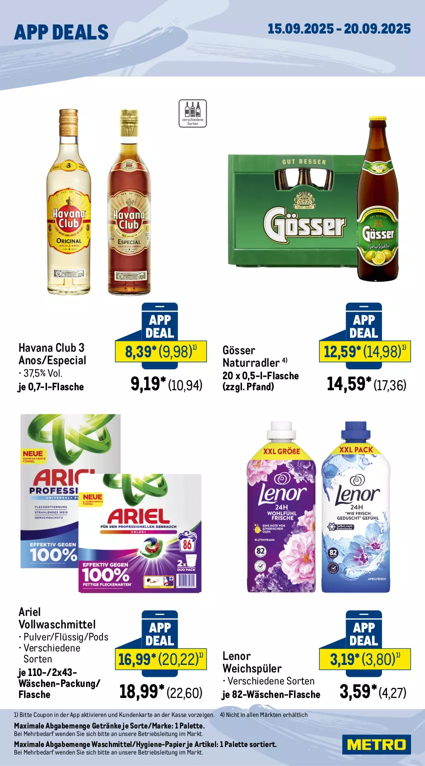 Aktueller Prospekt Metro - App Deals - von 15.09 bis 20.09.2025 - strona 2 - produkty: ariel, coupon, flasche, getränk, getränke, gösser, Havana Club, lenor, lenor weichspüler, natur, Palette, papier, Pods, radler, Ti, vollwaschmittel, waschmittel, weichspüler