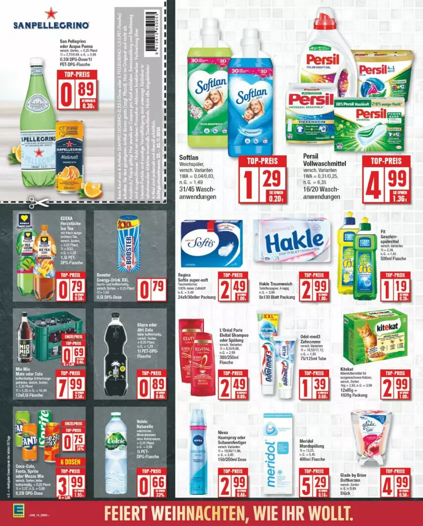 Aktueller Prospekt Edeka - Prospekte - von 25.11 bis 30.11.2024 - strona 14 - produkty: creme, Duftkerze, elle, flasche, gin, Glade, gsw, haarspray, hakle, kerze, meridol, mundspülung, Odol, persil, Ria, san pellegrino, sanpellegrino, Softlan, spülung, tee, Ti, vollwaschmittel, waschmittel, weichspüler, zahncreme