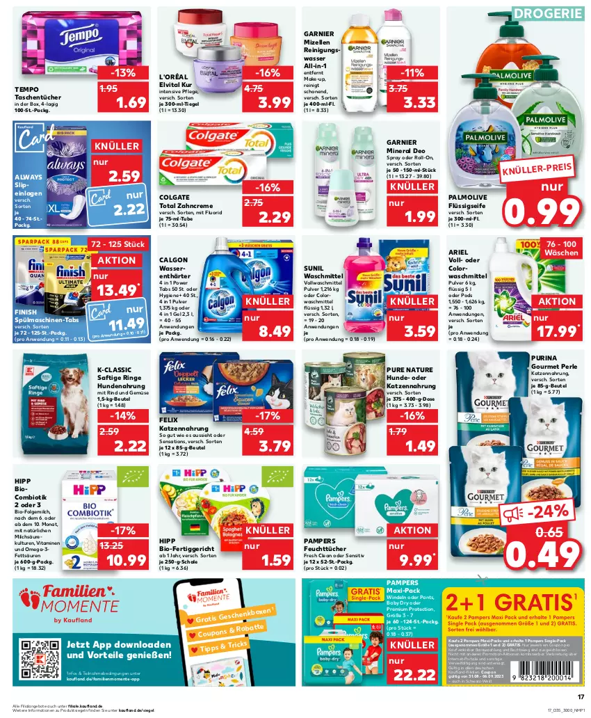 Aktueller Prospekt Kaufland - Prospekt - von 31.08 bis 06.09.2023 - strona 17 - produkty: Alwa, Always, angebot, angebote, ariel, beutel, bio, Brei, calgon, colgate, colgate total, colorwaschmittel, coupon, coupons, creme, deo, eis, elle, elvital, ente, felix, fertiggericht, feuchttücher, Finish, flüssigseife, folgemilch, garnier, gsw, hipp, hundenahrung, katzennahrung, LG, Make-up, milch, mizellen, Mizellen Reinigungswasser, natur, olive, omega, Omega-3, palmolive, pampers, Pants, Pods, purina, Reinigung, rind, ring, roll-on, saft, Schal, Schale, Seife, sensations, slip, slipeinlagen, spülmaschinen, sunil, Tasche, taschen, taschentücher, Tempo, Ti, tücher, und gemüse, vita, Vitamine, vollwaschmittel, waschmittel, wasser, wasserenthärter, windeln, windeln oder pants, zahncreme