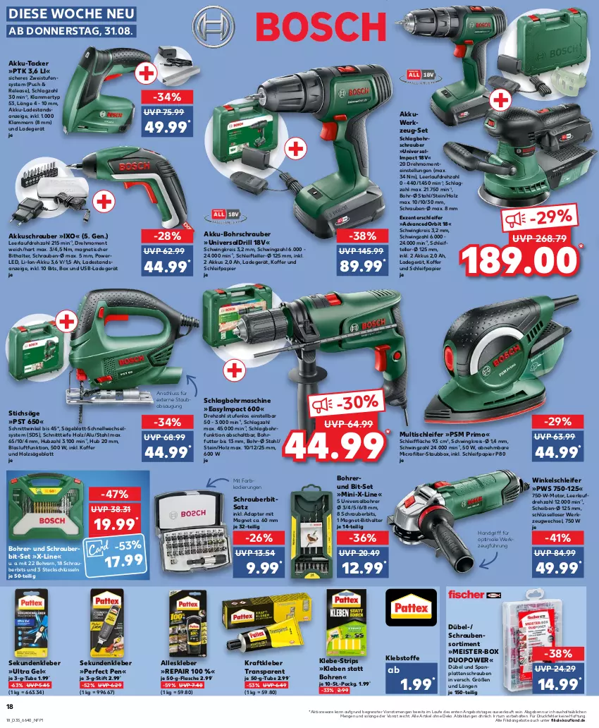 Aktueller Prospekt Kaufland - Prospekt - von 31.08 bis 06.09.2023 - strona 18 - produkty: adapter, akku, akku-bohrschrauber, akkuschrauber, angebot, angebote, Bohrschrauber, eis, elle, ente, flasche, Holz, Klammern, kleber, koffer, kraft, ladegerät, lamm, latte, li-ion-akku, Meister, papier, reis, rel, säge, Schal, schlagbohrmaschine, Schleifpapier, schrauben, stichsäge, teller, Ti, tisch, usb, werkzeug, Winkelschleifer, ZTE