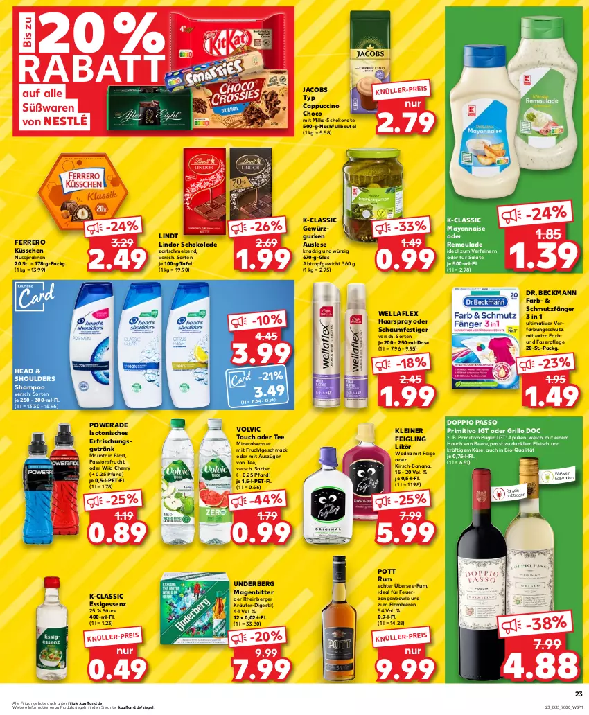 Aktueller Prospekt Kaufland - Prospekt - von 31.08 bis 06.09.2023 - strona 23 - produkty: Alwa, angebot, angebote, beere, Berger, beutel, bier, Biere, bio, bowle, Cap, cappuccino, cin, doppio passo, Dr. Beckmann, eis, erfrischungsgetränk, essig, ferrero, Ferrero Küsschen, fleisch, frucht, getränk, gewürz, Gewürzgurke, gewürzgurken, grill, grillo, gurke, gurken, haarspray, jacobs, Käse, kirsch, kleiner feigling, kräuter, leine, likör, lindor, lindt, mac, mayonnaise, milka, mineralwasser, mit frucht, nestlé, nuss, oder schaumfestiger, passionsfrucht, passo, pralinen, primitivo, remoulade, rotwein, rum, salat, salate, schaumfestiger, schoko, schokolade, shampoo, tee, Ti, underberg, verfärbungsschutz, volvic, wasser, wein, Weißwein, Wella, wellaflex, Wild, wodka, Yo, Zangen