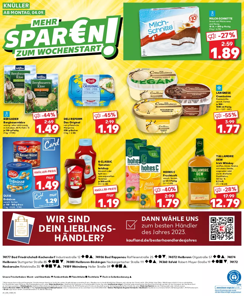 Aktueller Prospekt Kaufland - Prospekt - von 31.08 bis 06.09.2023 - strona 24 - produkty: angebot, angebote, Astra, auer, Bad, Bau, Bauer, Becher, bergader, bio, creme, cremissimo, deli reform, drucker, eis, Engel, erde, erdnüsse, feinkost, feinkosttheke, fisch, fischtheke, fleisch, frucht, fruchtsaft, gin, Hohes C, honig, irish whiskey, Käse, käsetheke, kerze, ketchup, langnese, langnese cremissimo, LG, margarine, milch, milch-schnitte, nuss, saft, sim, snack, Ti, tomate, tomaten, tomatenketchup, tullamore, tullamore dew, ültje, ültje erdnüsse, vanille, wein, whiskey, wurst, ZTE