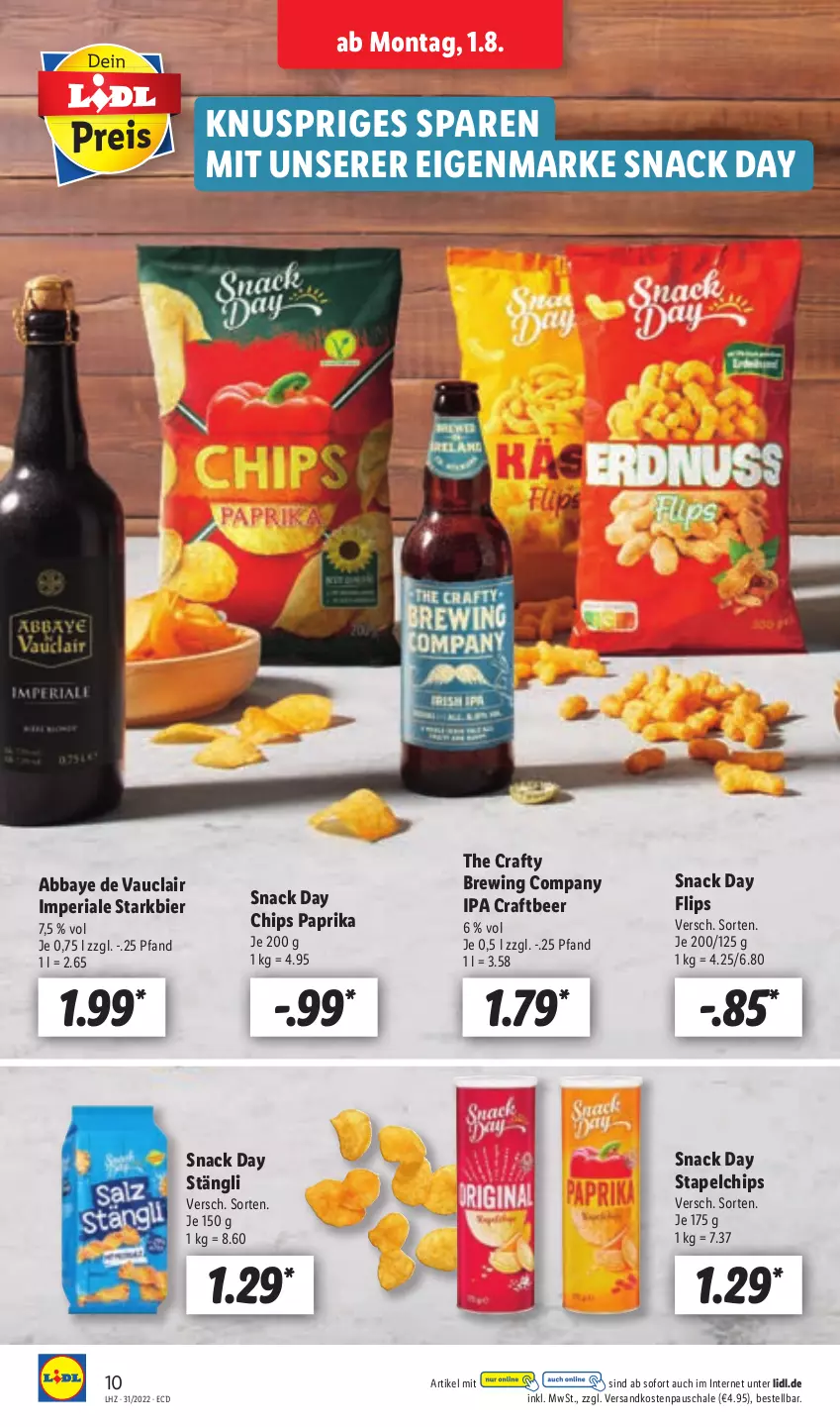 Aktueller Prospekt Lidl - Aktionsprospekt - von 01.08 bis 06.08.2022 - strona 10 - produkty: Abba, bier, chips, ndk, paprika, Ria, Schal, Schale, snack, Ti