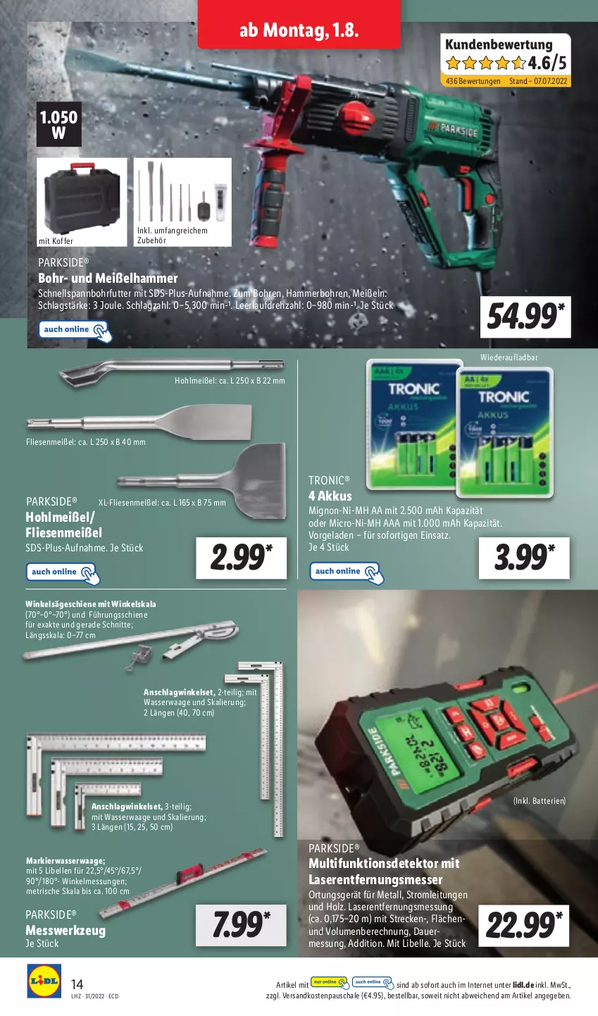 Aktueller Prospekt Lidl - Aktionsprospekt - von 01.08 bis 06.08.2022 - strona 14 - produkty: akku, auer, batterie, batterien, elle, Entfernungsmesser, Holz, koffer, Laserentfernungsmesser, messer, ndk, Parkside, säge, Schal, Schale, Ti, Waage, wasser, werkzeug