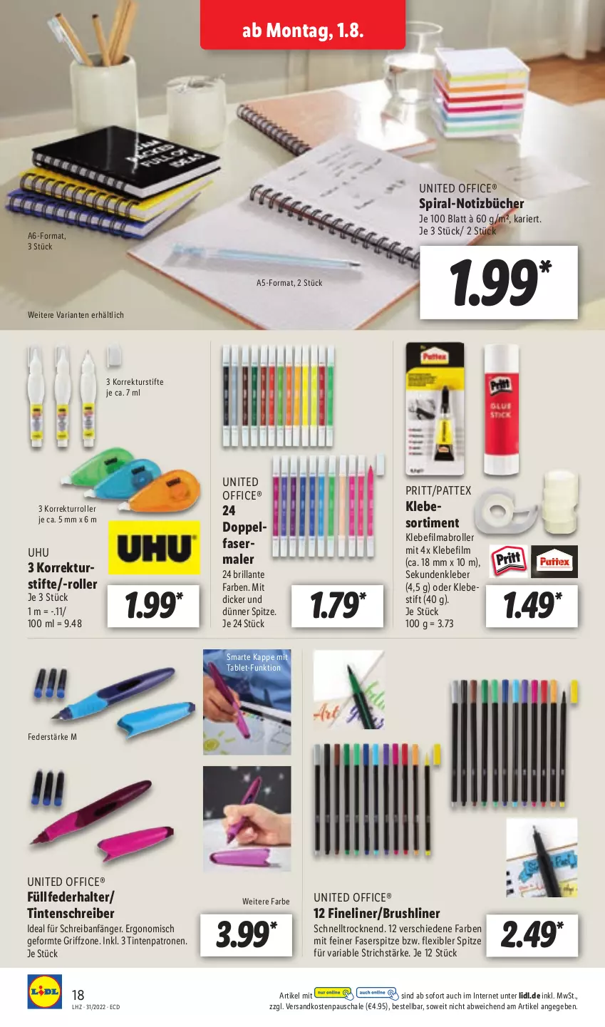 Aktueller Prospekt Lidl - Aktionsprospekt - von 01.08 bis 06.08.2022 - strona 18 - produkty: Fineliner, kleber, mab, ndk, office, pattex, pritt, Ria, Roller, Schal, Schale, stifte, tablet, Ti, Tintenpatrone, uhu