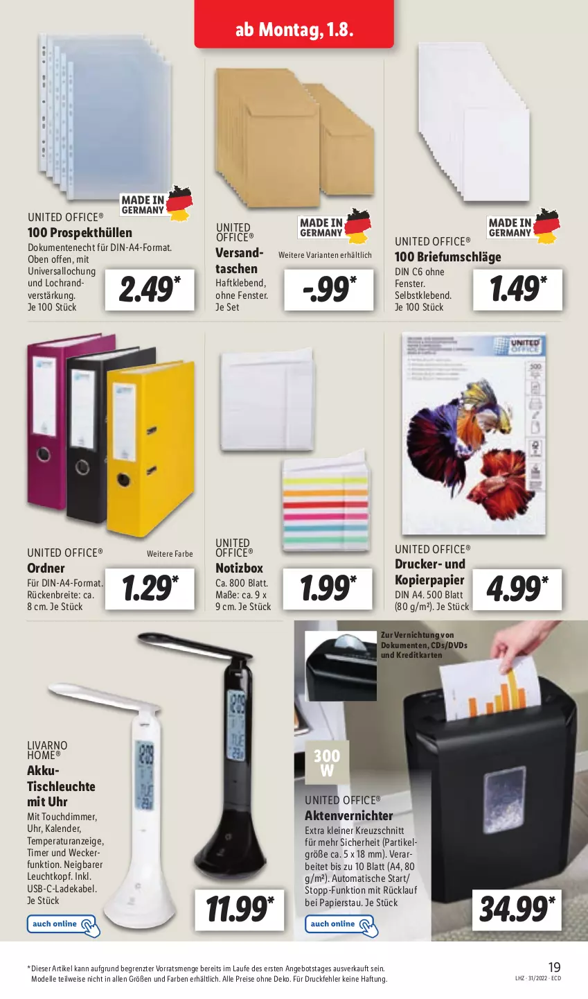 Aktueller Prospekt Lidl - Aktionsprospekt - von 01.08 bis 06.08.2022 - strona 19 - produkty: akku, Aktenvernichter, angebot, auto, Brei, brie, deka, dell, dimmer, din a4, drucker, dvd, eis, elle, ente, fenster, kopierpapier, ladekabel, leine, Leuchte, LG, Mode, office, ordner, papier, reis, Ria, Tasche, taschen, Ti, timer, tisch, tischleuchte, uhr, usb, weck, ZTE