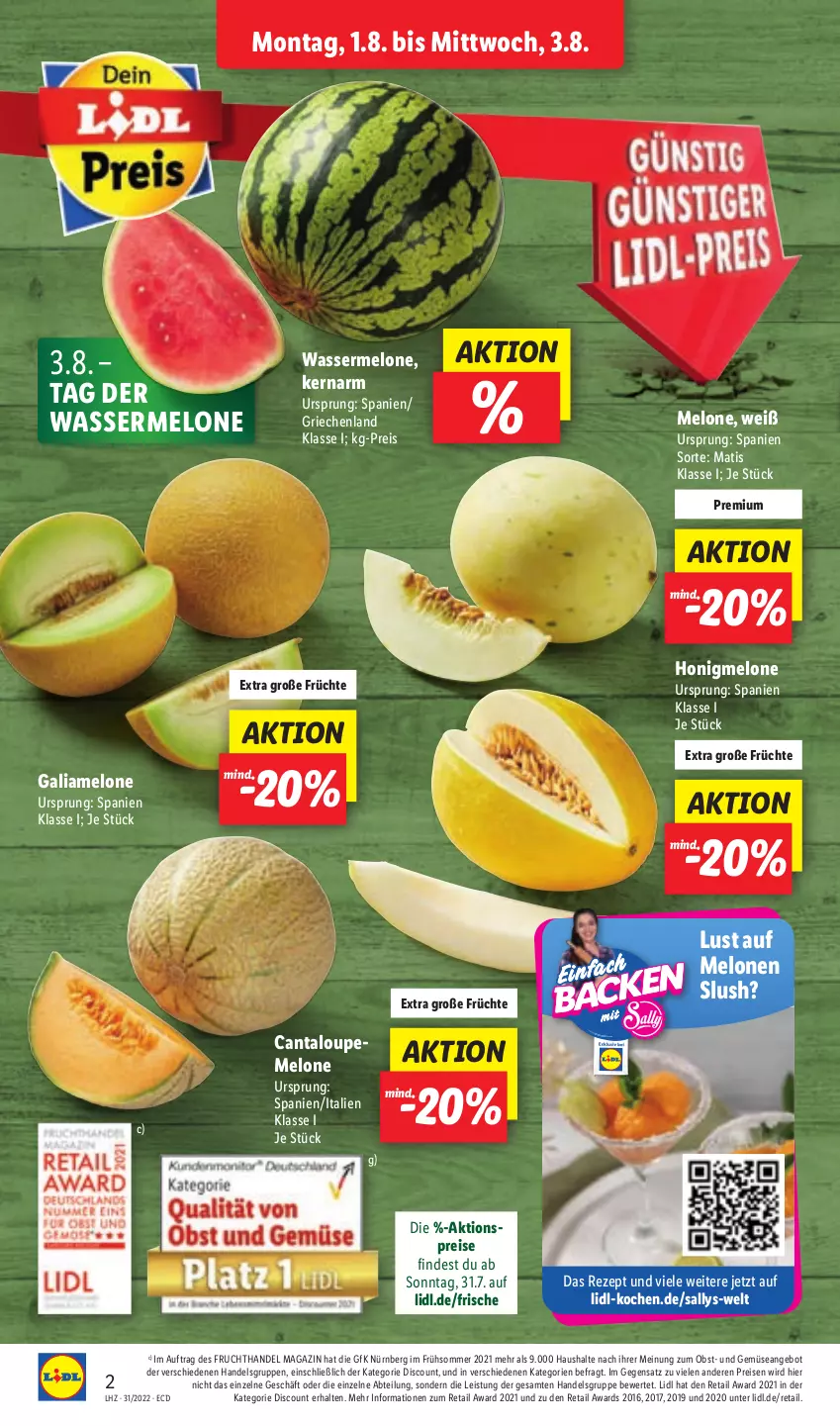 Aktueller Prospekt Lidl - Aktionsprospekt - von 01.08 bis 06.08.2022 - strona 2 - produkty: Abtei, aktionspreis, angebot, discount, eis, frucht, früchte, galiamelone, honig, honigmelone, magazin, melone, melonen, obst, reis, rezept, Ti, und gemüse, wasser, wassermelone