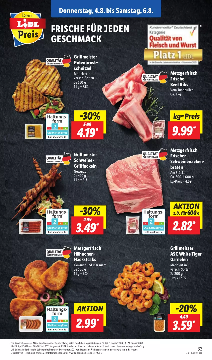 Aktueller Prospekt Lidl - Aktionsprospekt - von 01.08 bis 06.08.2022 - strona 33 - produkty: beef, braten, discount, eis, fleisch, garnelen, gewürz, grill, grillfackeln, jungbullen, lebensmittel, mac, Meister, monitor, pril, pute, putenbrust, reis, schnitzel, schwein, schweine, schweinenacken, steak, steaks, Ti, wein, weine, wurst