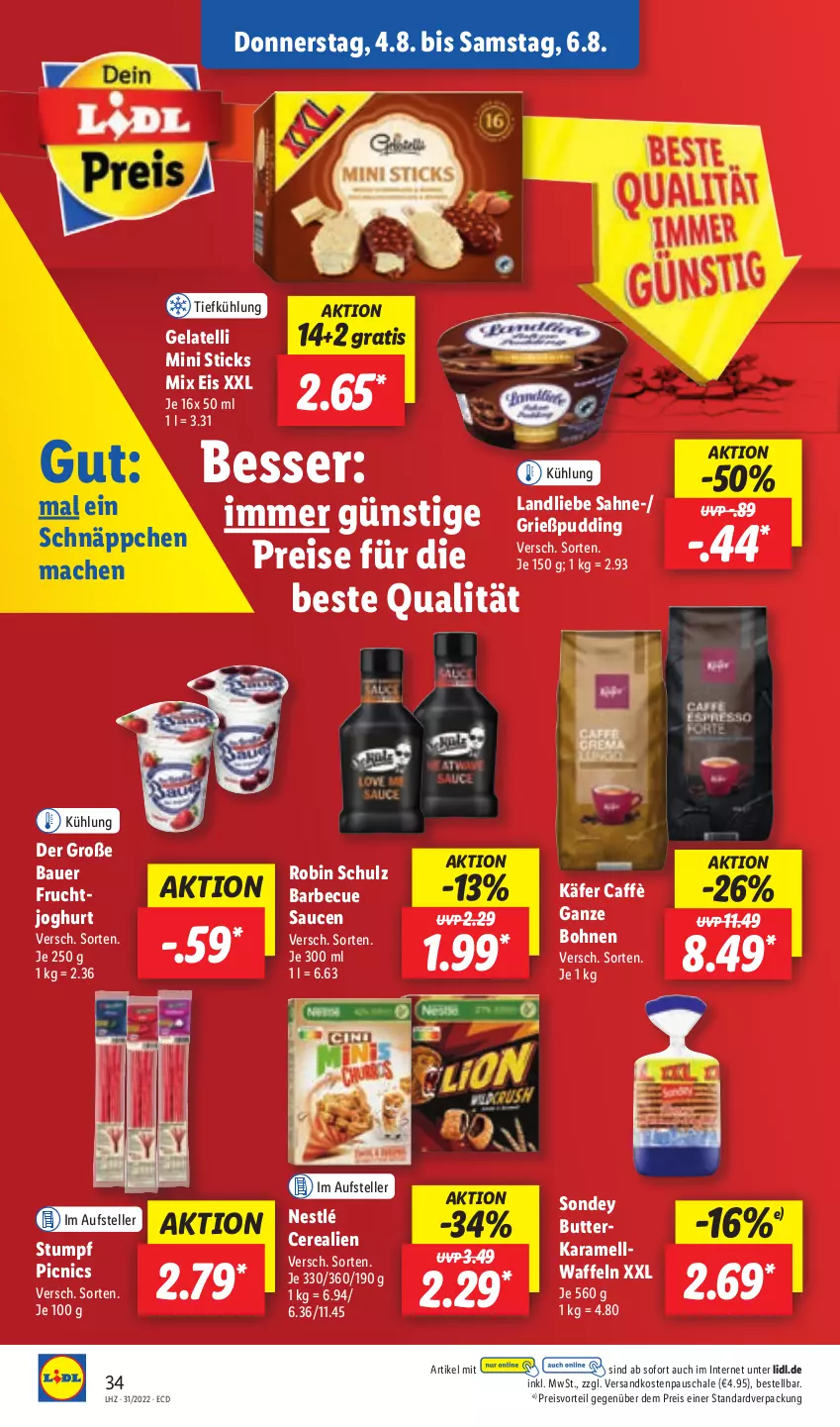 Aktueller Prospekt Lidl - Aktionsprospekt - von 01.08 bis 06.08.2022 - strona 34 - produkty: auer, barbecue, Bau, Bauer, bohne, bohnen, butter, cerealien, eis, elle, frucht, Gelatelli, Grießpudding, joghur, joghurt, käfer, karamell, landliebe, mac, ndk, nestlé, preisvorteil, pudding, reis, sahne, sauce, saucen, Schal, Schale, schnäppchen, Sondey, teller, Ti, waffeln