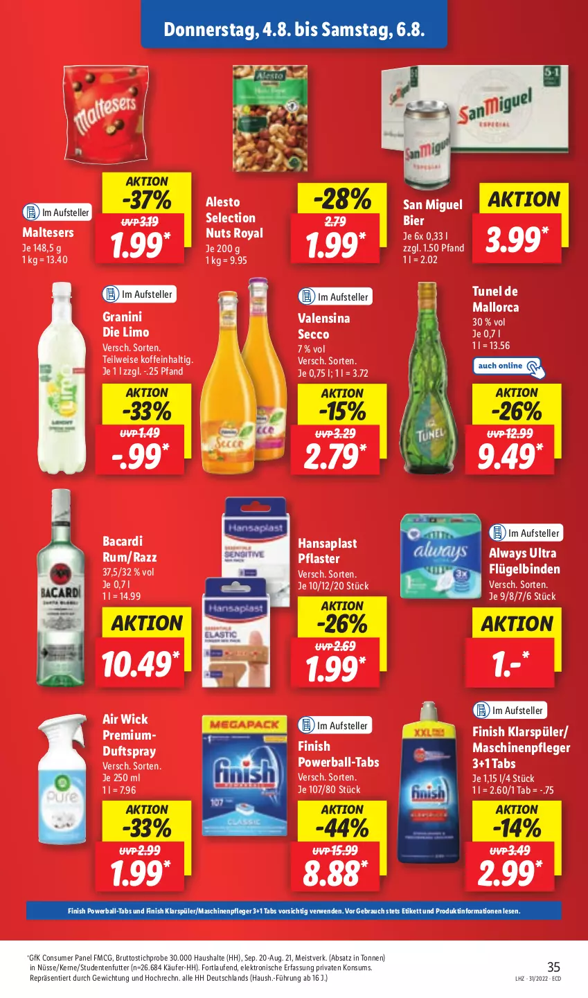 Aktueller Prospekt Lidl - Aktionsprospekt - von 01.08 bis 06.08.2022 - strona 35 - produkty: Air Wick, alesto, Alwa, Always, bacardi, bacardi rum, ball, bier, binden, brut, Duftspray, ecco, eis, Elektro, elle, ente, Finish, granini, granini die limo, hansaplast, HP, klarspüler, Laufen, limo, malteser, Maschinenpfleger, pflaster, powerball, Rauch, rum, rwe, studentenfutter, teller, Ti, valensina, WICK