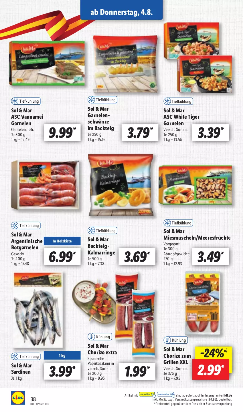 Aktueller Prospekt Lidl - Aktionsprospekt - von 01.08 bis 06.08.2022 - strona 38 - produkty: chorizo, eis, früchte, garnelen, grill, Holz, meeresfrüchte, Muscheln, ndk, paprika, preisvorteil, reis, ring, salami, Sardinen, Schal, Schale, Ti