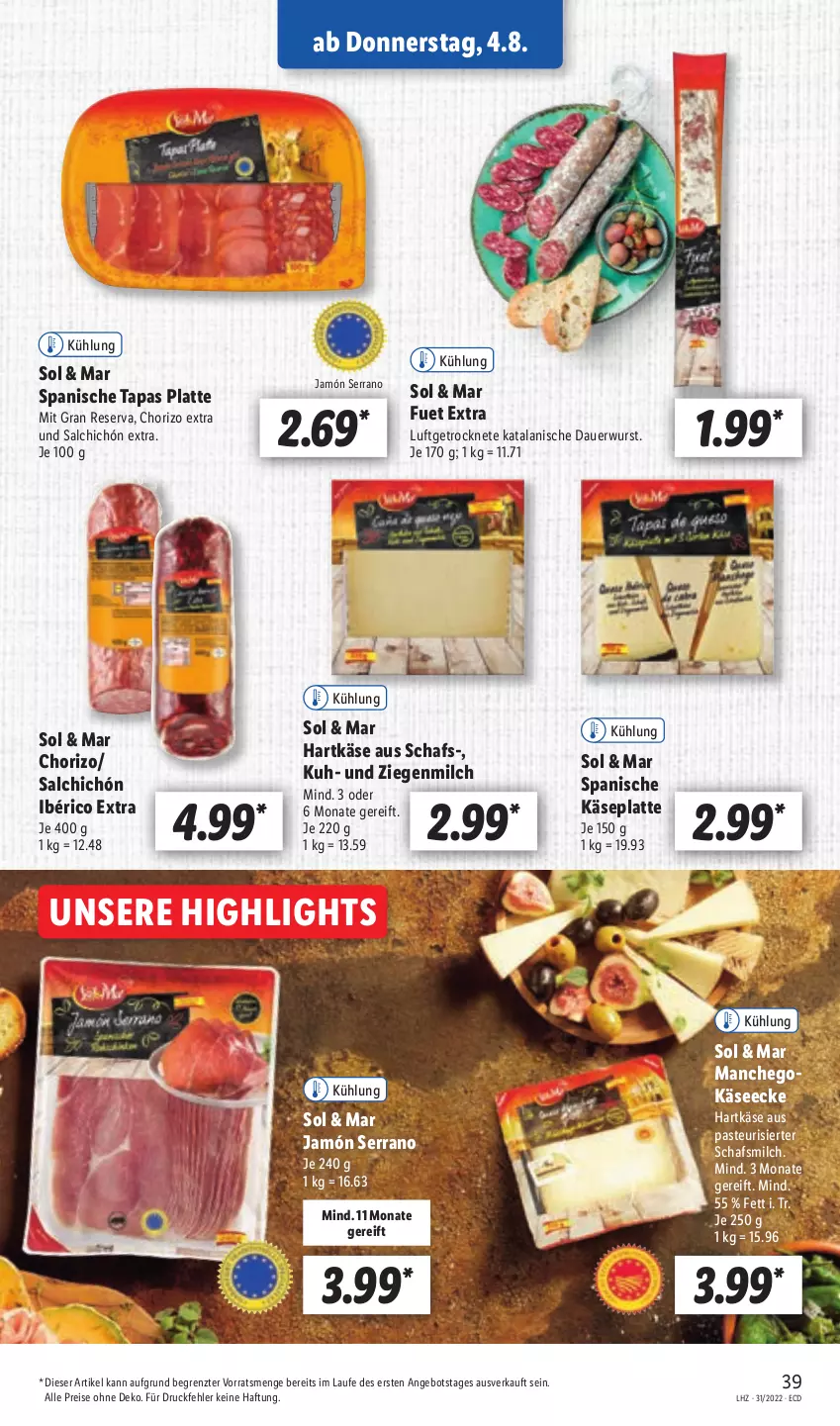 Aktueller Prospekt Lidl - Aktionsprospekt - von 01.08 bis 06.08.2022 - strona 39 - produkty: angebot, auer, chorizo, eis, hartkäse, jamón serrano, Käse, latte, Manchego, milch, reis, serrano, Tapas, Ti, wurst, ZTE