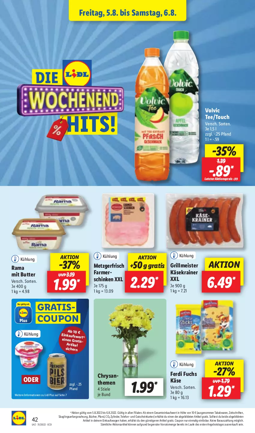 Aktueller Prospekt Lidl - Aktionsprospekt - von 01.08 bis 06.08.2022 - strona 42 - produkty: aktionspreis, angebot, butter, chrysanthemen, coupon, eis, ferdi fuchs, grill, gutschein, Käse, Käsekrainer, Meister, rama, reis, schinken, tee, telefon, Ti, volvic, ZTE