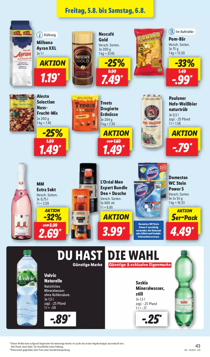 Aktueller Prospekt Lidl - Aktionsprospekt - von 01.08 bis 06.08.2022 - strona 43 - produkty: alesto, Alwa, angebot, Ayran, bier, Bona, deo, domestos, dusche, eis, elle, erdnüsse, frucht, Hefe, Milbona, mineralwasser, mm extra, natur, natürliches mineralwasser, Nescafé, nescafé gold, nuss, Paula, paulaner, pom-bär, preisvorteil, Rauch, reis, rel, rwe, sekt, teller, Ti, volvic, wasser, ZTE