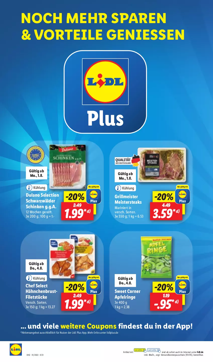 Aktueller Prospekt Lidl - Aktionsprospekt - von 01.08 bis 06.08.2022 - strona 44 - produkty: angebot, apfel, brustfilet, coupon, coupons, dulano, eis, filet, filets, grill, hähnchenbrust, hähnchenbrustfilet, Meister, ndk, ring, Schal, Schale, schinken, schwarzwälder schinken, steak, steaks, Ti