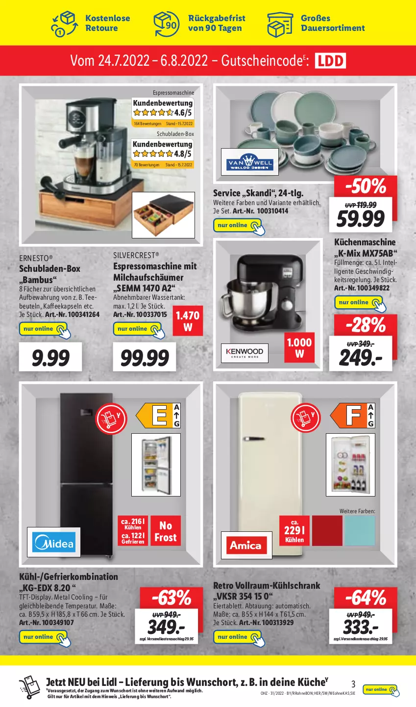 Aktueller Prospekt Lidl - Aktionsprospekt - von 01.08 bis 06.08.2022 - strona 49 - produkty: auer, auto, bambus, beutel, eier, eis, ente, ernesto, espresso, gefrierkombination, gutschein, Intel, kaffee, kaffeekapseln, küche, Küchen, küchenmaschine, kühlschrank, LG, milch, milchaufschäumer, ndk, Ria, Schrank, schubladen, silvercrest, tablet, tablett, tee, Teebeutel, Ti, tisch, wasser, wassertank