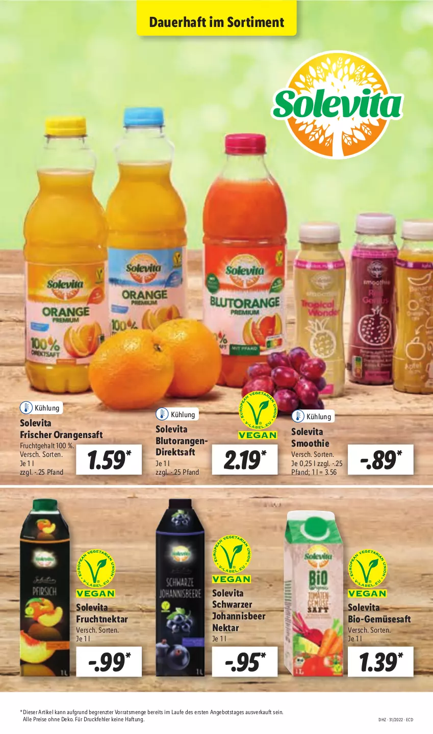 Aktueller Prospekt Lidl - Aktionsprospekt - von 01.08 bis 06.08.2022 - strona 57 - produkty: angebot, auer, bio, Bio-Gemüse, Blutorange, direktsaft, eis, frucht, Nektar, orange, orangen, orangensaft, reis, saft, smoothie, Ti, vita, ZTE