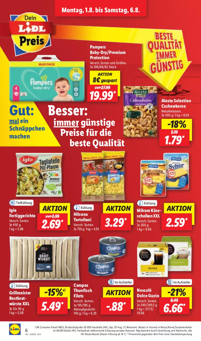 Aktueller Prospekt Lidl - Aktionsprospekt - von 01.08 bis 06.08.2022 - strona 6 - produkty: alesto, baby-dry, brut, Cashew, cashewkerne, dolce gusto, eis, Elektro, elle, ente, fertiggericht, fertiggerichte, filet, filets, fisch, grill, hilcona, HP, iglo, Käse, käsescheiben, Laufen, mac, Meister, milram, natur, Nescafé, pampers, preisvorteil, reis, schnäppchen, studentenfutter, teller, thunfisch, thunfisch filets, Ti, torte, tortelloni