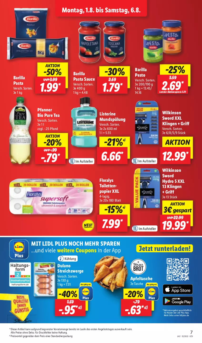 Aktueller Prospekt Lidl - Aktionsprospekt - von 01.08 bis 06.08.2022 - strona 7 - produkty: aktionspreis, angebot, apfel, Apfeltasche, barilla, bio, brot, coupon, coupons, dulano, eis, elle, Floralys, listerine, mundspülung, papier, pasta, Pasta Sauce, pesto, pfanne, Pfanner, preisvorteil, reis, sauce, spülung, Tasche, teller, Ti, toilettenpapier, wilkinson, ZTE