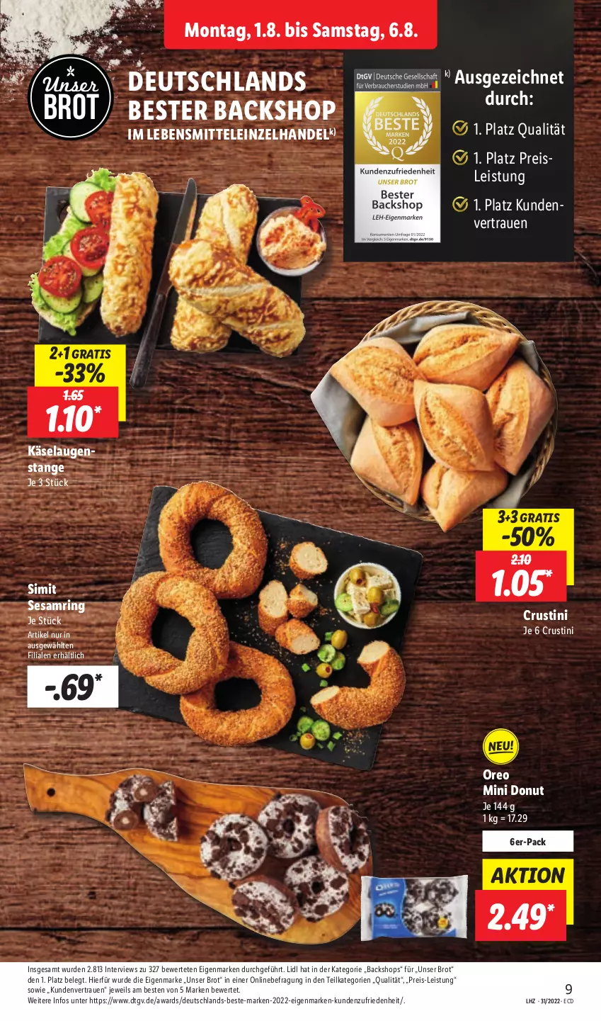 Aktueller Prospekt Lidl - Aktionsprospekt - von 01.08 bis 06.08.2022 - strona 9 - produkty: brot, Crustini, Donut, eis, Käse, Laugenstange, lebensmittel, oreo, reis, ring, sesam, Sesamring, sim, Ti