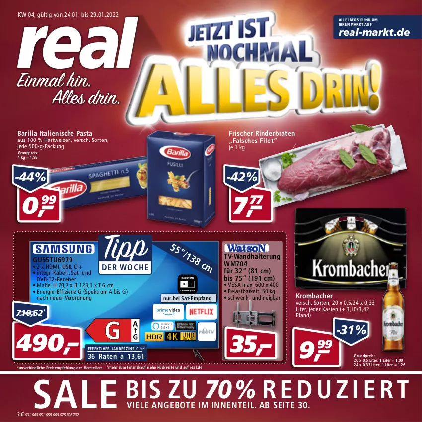 Aktueller Prospekt Real - Real Handzettel - von 24.01 bis 29.01.2022 - strona 1 - produkty: angebot, angebote, barilla, braten, dvb, DVB-T, eis, elle, ente, Falsches Filet, filet, hartweizen, HDMI, italienische pasta, krombache, krombacher, pasta, Receiver, reis, rind, rinder, rinderbraten, rum, Spektrum, teller, Ti, usb, wandhalterung