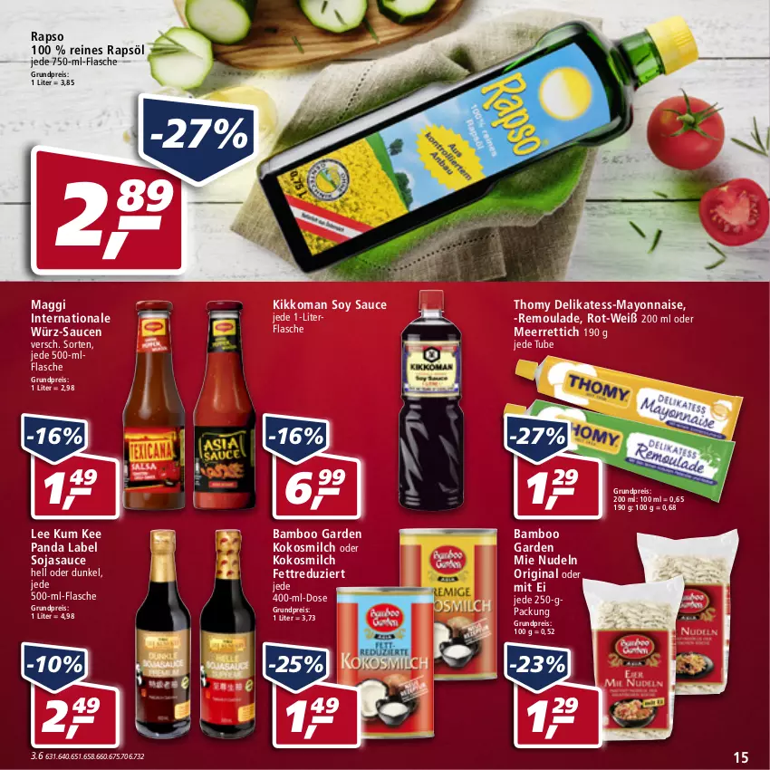 Aktueller Prospekt Real - Real Handzettel - von 24.01 bis 29.01.2022 - strona 15 - produkty: bamboo, eis, flasche, gin, kikkoman, kokos, kokosmilch, maggi, mayonnaise, meerrettich, milch, nudel, nudeln, rapso, rapsöl, reines rapsöl, reis, remoulade, Rettich, sauce, saucen, soja, sojasauce, thomy, Ti, Yo