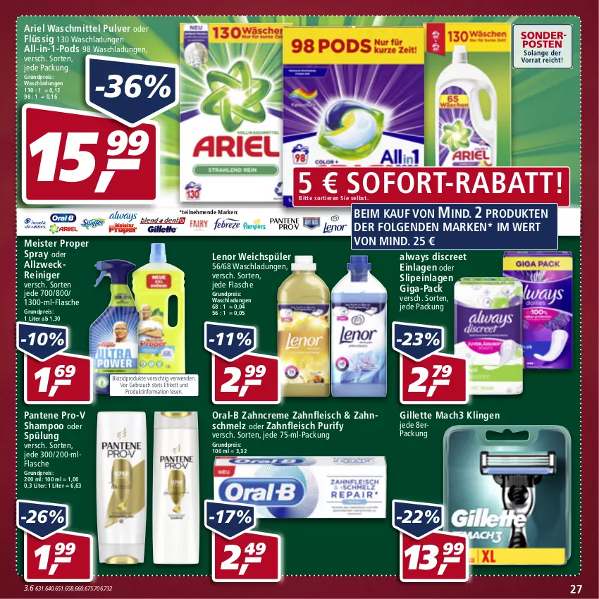 Aktueller Prospekt Real - Real Handzettel - von 24.01 bis 29.01.2022 - strona 27 - produkty: allzweckreiniger, Alwa, Always, ariel, ariel waschmittel, creme, Discreet, eis, flasche, fleisch, gillette, lenor, lenor weichspüler, LG, mac, mach3, Meister, meister proper, oral-b, pantene, pantene pro-v, Pods, pro-v, reiniger, reis, shampoo, shampoo oder spülung, slip, slipeinlagen, sofort-rabatt, spülung, Ti, Tiere, waschmittel, weck, weichspüler, zahncreme