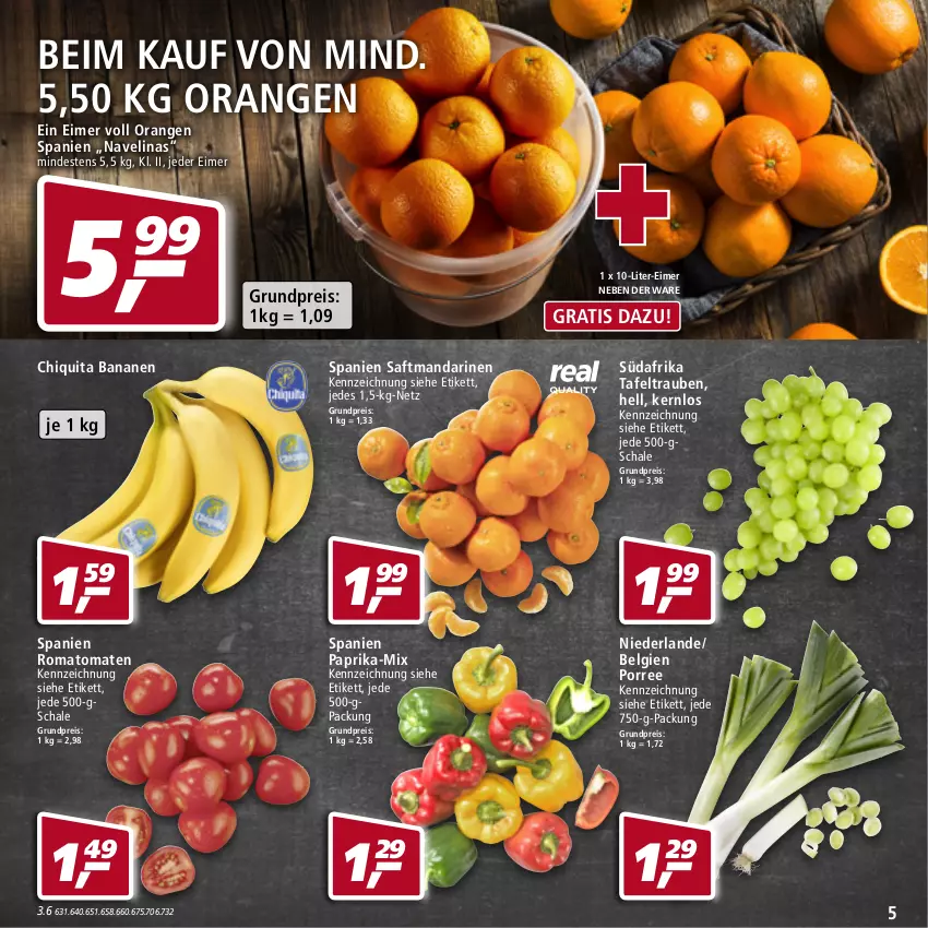 Aktueller Prospekt Real - Real Handzettel - von 24.01 bis 29.01.2022 - strona 5 - produkty: banane, bananen, chiquita, eimer, eis, elinas, LG, mandarine, mandarinen, navelina, orange, orangen, paprika, reis, Romatomaten, saft, Schal, Schale, tafeltrauben, Ti, tomate, tomaten, trauben