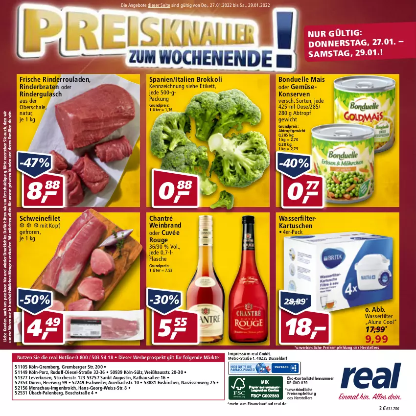 Aktueller Prospekt Real - Real Handzettel - von 24.01 bis 29.01.2022 - strona 56 - produkty: angebot, angebote, auer, Berger, bonduelle, bosch, braten, brokkoli, chantré, cuvée, Diesel, eis, elle, filet, filterkartuschen, flasche, Gemüsekonserve, gulasch, Konserven, LG, mais, Metro, Narzissen, natur, oder rindergulasch, payback, reis, rind, rinder, rinderbraten, rindergulasch, Rinderroulade, rinderrouladen, rouge, rouladen, rwe, Schal, Schale, schwein, schweine, schweinefilet, teller, Ti, wasser, wasserfilter, wein, weinbrand, weine