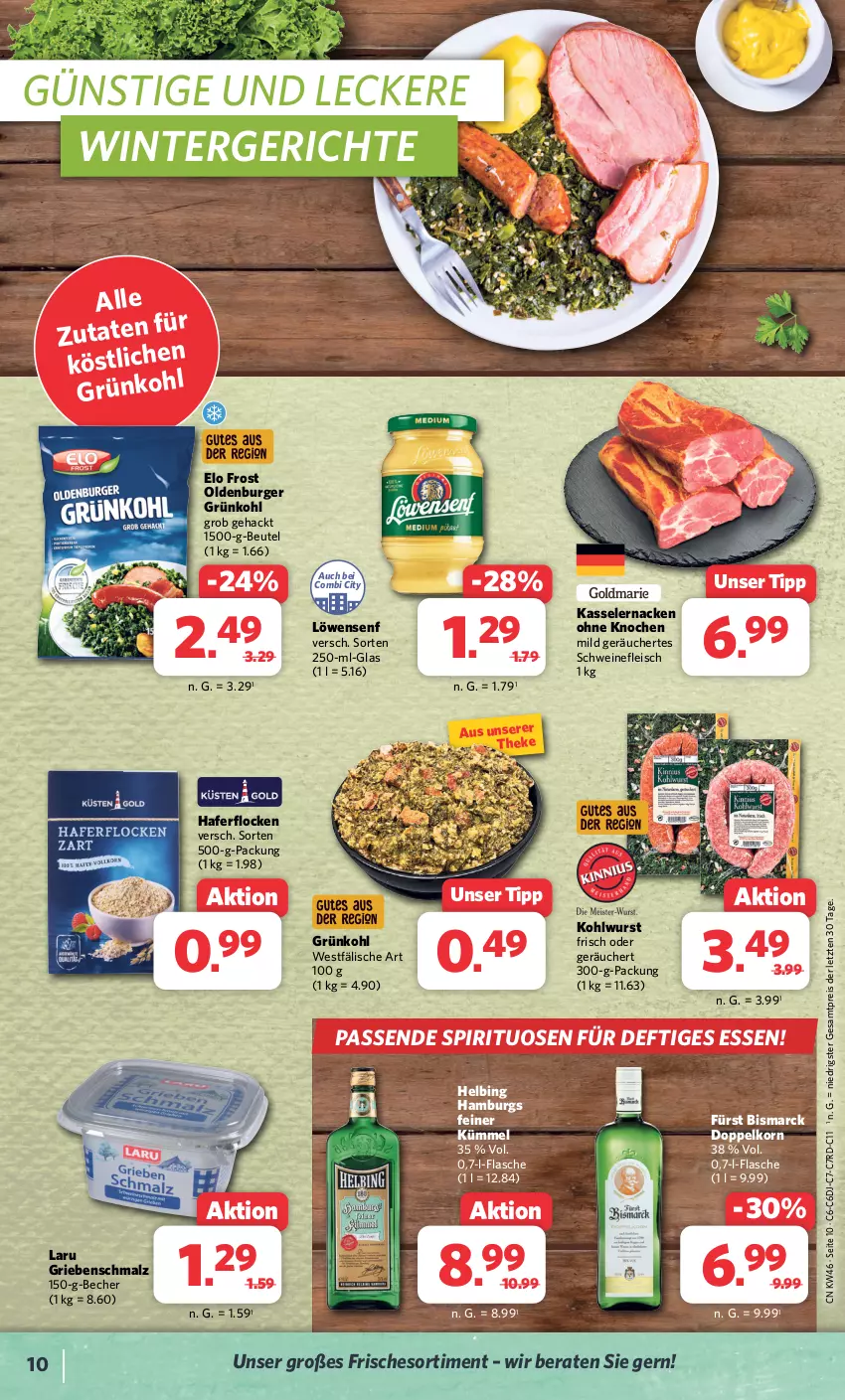 Aktueller Prospekt Combi - Prospekte - von 13.11 bis 18.11.2023 - strona 11 - produkty: Becher, beutel, bismarck, burger, doppelkorn, eis, flasche, fleisch, hafer, haferflocken, kasseler, korn, löwensenf, malz, reis, Schmalz, schwein, schweine, schweinefleisch, senf, spirituosen, Ti, wein, weine, wurst, ZTE