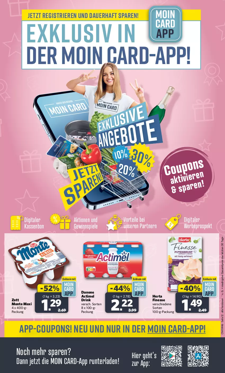 Aktueller Prospekt Combi - Prospekte - von 13.11 bis 18.11.2023 - strona 13 - produkty: actimel, actimel drink, auer, coupon, coupons, danone, danone actimel drink, drink, eis, finesse, gewinnspiel, herta, herta finesse, monte, reis, Spiele, Ti, zott, Zott Monte, ZTE