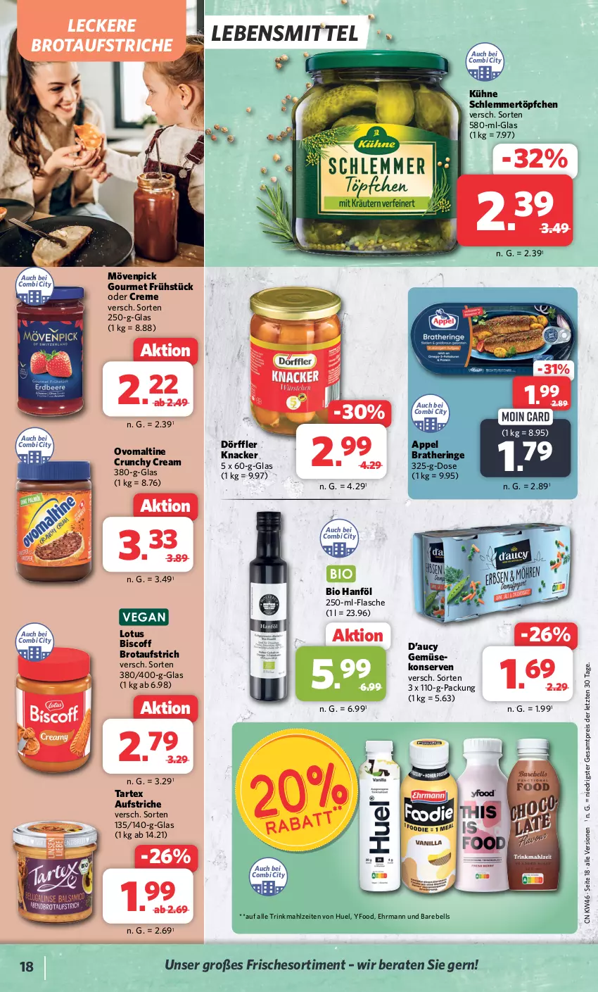 Aktueller Prospekt Combi - Prospekte - von 13.11 bis 18.11.2023 - strona 19 - produkty: aufstrich, bio, biscoff, Bratheringe, brot, brotaufstrich, brotaufstriche, creme, ehrmann, eis, flasche, hering, knacker, Konserven, Kühne, lebensmittel, mövenpick, ovomaltine, rebell, reis, ring, schlemmertöpfchen, Ti, Töpfchen, ZTE