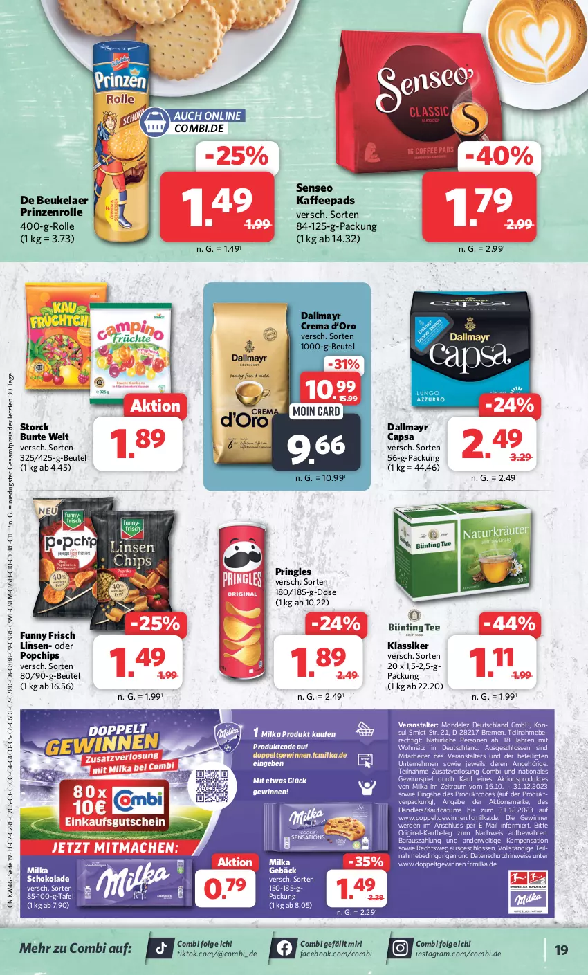 Aktueller Prospekt Combi - Prospekte - von 13.11 bis 18.11.2023 - strona 20 - produkty: beutel, Cap, chips, dallmayr, dallmayr capsa, de beukelaer, eis, erde, Funny Frisch, gewinnspiel, gin, kaffee, kaffeepads, LG, linsen, mac, milka, milka schokolade, mondelez, pringles, prinzenrolle, reis, ring, rwe, schoko, schokolade, senseo, storck, Ti, ZTE