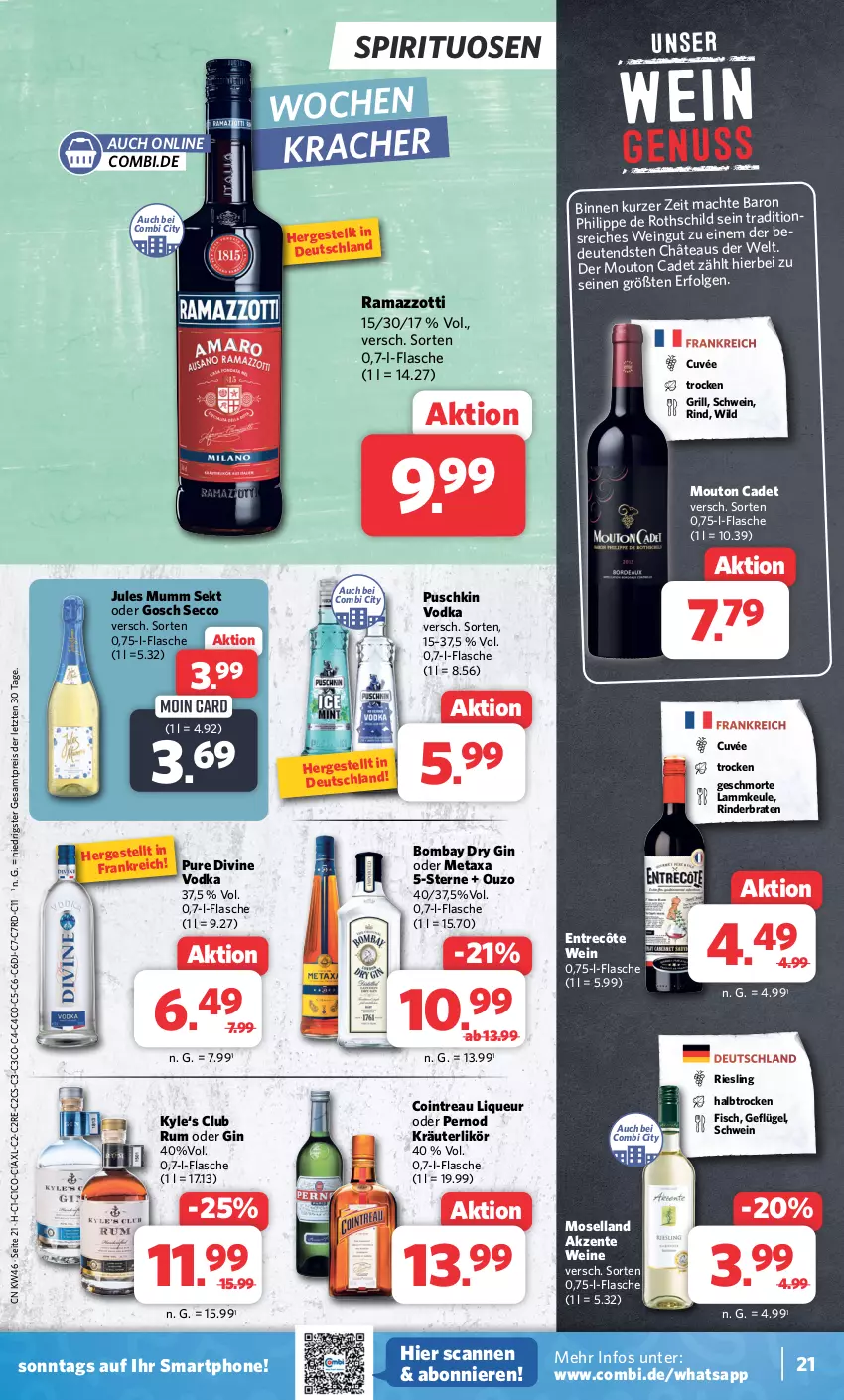 Aktueller Prospekt Combi - Prospekte - von 13.11 bis 18.11.2023 - strona 22 - produkty: braten, cuvée, dry gin, ecco, eis, ente, entrecôte, fisch, flasche, Geflügel, gin, grill, jules mumm, kracher, kräuter, kräuterlikör, lamm, lammkeule, LG, likör, liqueur, mac, Metaxa, moselland, mumm, ouzo, puschkin vodka, rama, ramazzott, ramazzotti, reis, riesling, rind, rinder, rinderbraten, rum, schwein, sekt, smartphone, spirituosen, Ti, vodka, wein, weine, Wild, zott, ZTE