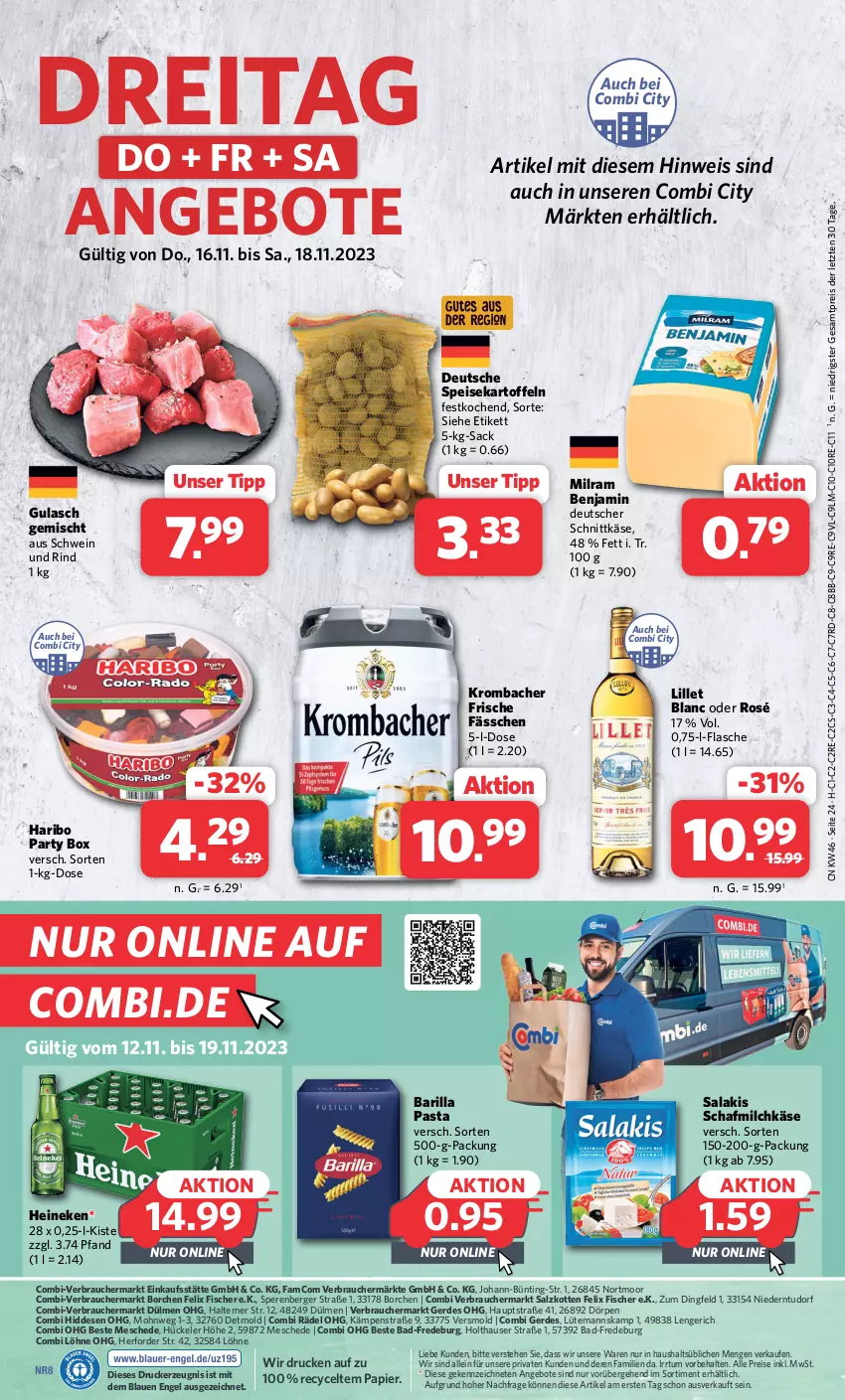 Aktueller Prospekt Combi - Prospekte - von 13.11 bis 18.11.2023 - strona 27 - produkty: angebot, angebote, Bad, barilla, Berger, deutscher schnittkäse, drucker, eis, Engel, erde, felix, fisch, fische, Fischer, flasche, gulasch, haribo, heineken, kartoffel, kartoffeln, Käse, kerze, krombache, krombacher, lillet, milch, milram, papier, pasta, Rauch, reis, rind, sac, salakis, salz, schnittkäse, schwein, schwein und rind, speisekartoffeln, Ti, wein, ZTE