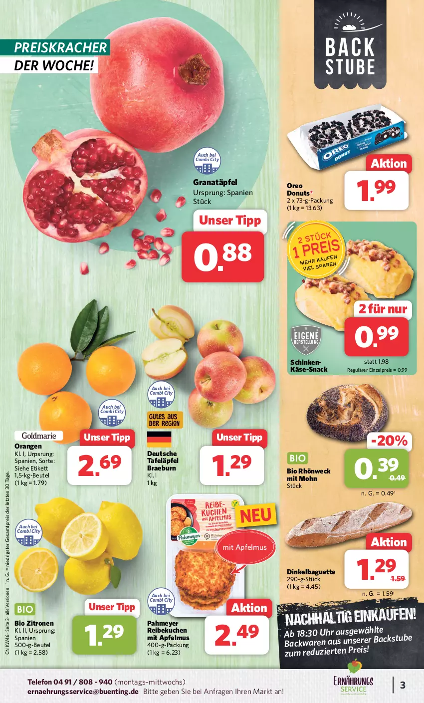 Aktueller Prospekt Combi - Prospekte - von 13.11 bis 18.11.2023 - strona 3 - produkty: apfel, apfelmus, backwaren, baguette, beutel, bio, Donut, donuts, eis, grana, Granatäpfel, Käse, kracher, kuchen, orange, orangen, oreo, Rana, reis, schinken, snack, stube, tafeläpfel, telefon, Ti, uhr, weck, zitrone, zitronen, ZTE