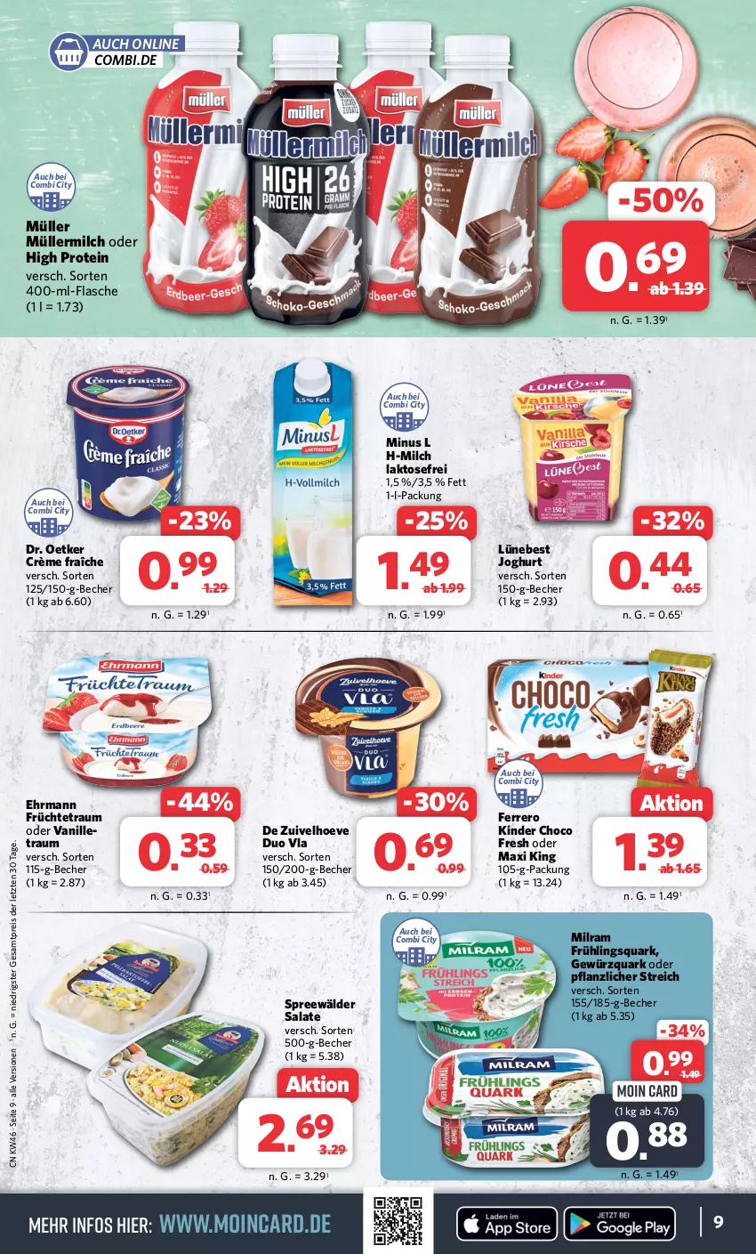 Aktueller Prospekt Combi - Prospekte - von 13.11 bis 18.11.2023 - strona 9 - produkty: Becher, choco fresh, crème fraîche, Dr. Oetker, ehrmann, eis, ferrero, flasche, früchte, gewürz, gewürzquark, joghur, joghurt, Kinder, Kinder Choco fresh, milch, milram, Müller, müllermilch, quark, reis, salat, salate, spreewälder, Ti, vanille, ZTE