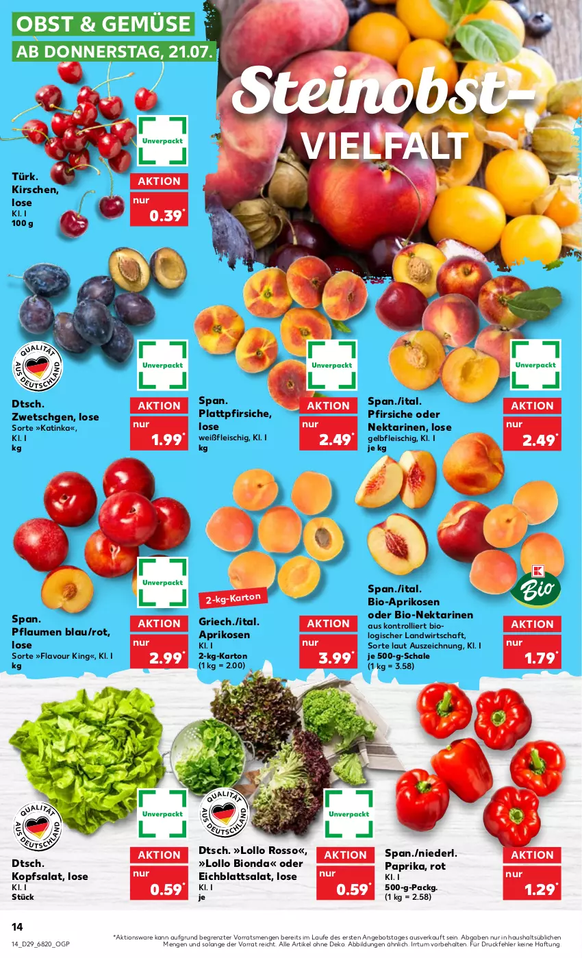 Aktueller Prospekt Kaufland - von 21.07 bis 27.07.2022 - strona 14 - produkty: angebot, aprikose, aprikosen, bio, Eichblattsalat, eis, fleisch, kirsch, kirsche, kirschen, kopfsalat, Nektar, nektarinen, obst, paprika, pfirsich, pfirsiche, pfirsiche oder, pflaume, pflaumen, plattpfirsiche, salat, Schal, Schale, Ti, trolli, ZTE