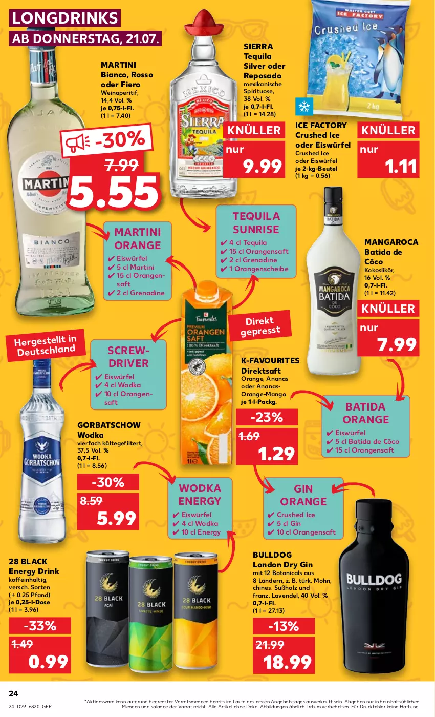 Aktueller Prospekt Kaufland - von 21.07 bis 27.07.2022 - strona 24 - produkty: ananas, angebot, aperitif, batida, batida de côco, beutel, Bulldog, crushed ice, direktsaft, drink, drinks, dry gin, eis, eiswürfel, energy drink, gin, Gorbatschow, gorbatschow wodka, Holz, kokos, lack, lavendel, likör, london dry, london dry gin, mangaroca, mango, martini, orange, orangen, orangensaft, saft, Sierra, sierra tequila, tequila, Ti, wein, wodka, würfel, ZTE